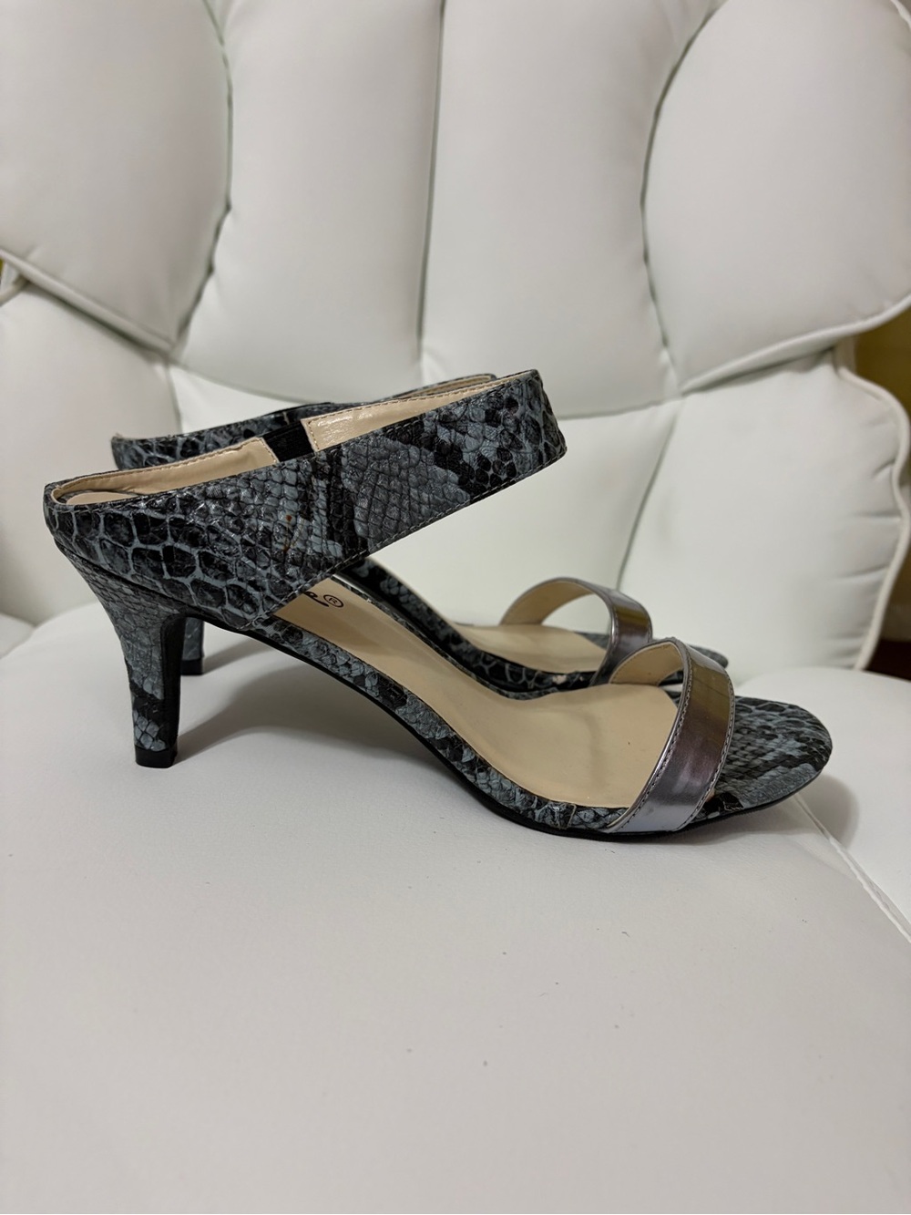 Annie Grey Snake-Print Strappy Mid-Heels
